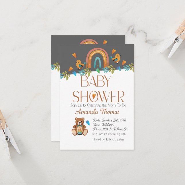 BOHO Watercolor Baby Shower Invitation (Front/Back In Situ)