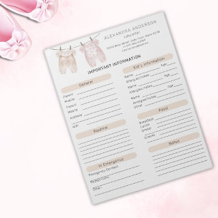 Boho Watercolor Babysitter Info Sheet Notepad