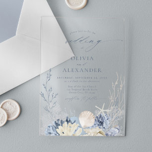 Boho Watercolor Beach Elegant Blue Wedding Acrylic Invitations