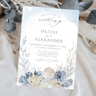 Boho Watercolor Beach Elegant Blue Wedding Invitation