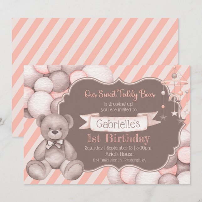 Boho watercolor bear baby birthday invitation  (Front/Back)