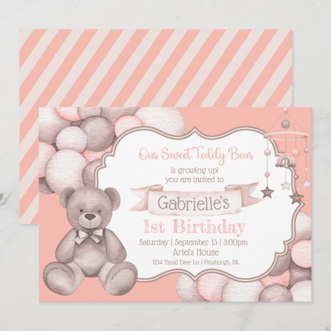 Boho watercolor bear baby birthday invitation  (Front/Back)
