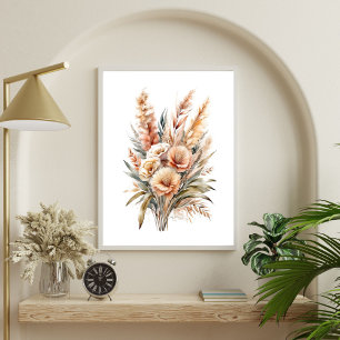 Boho Watercolor Beige Cream Brown Botanical Floral Poster