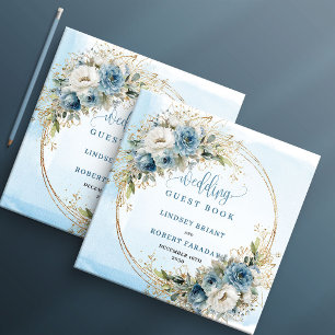 Boho Watercolor Blue Flowers Gold Guest Book