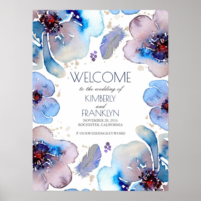 Boho Watercolor Blue Flowers Wedding Welcome Sign (Front)