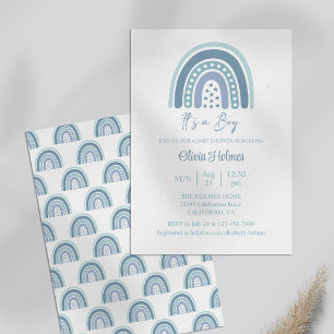 Boho Watercolor Blue Rainbow Baby Shower Invitation