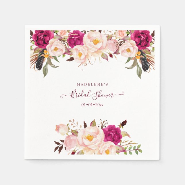 Boho Watercolor Blush Peonies Bridal Shower Napkin (Front)