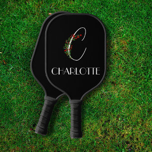 Boho watercolor botanic letter C black Pickleball Paddle
