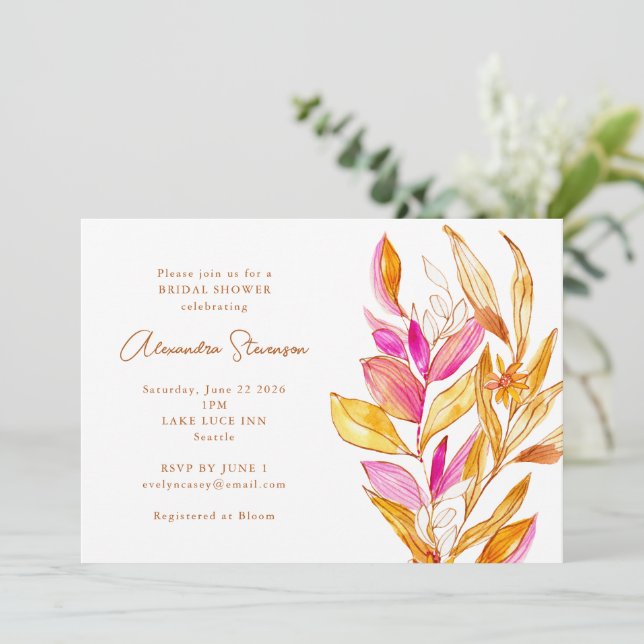 Boho Watercolor Botanical Pink Gold Bridal Shower Invitation (Standing Front)
