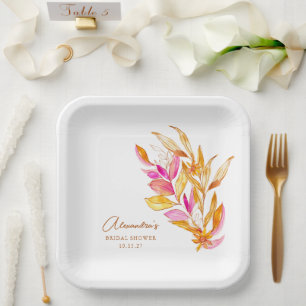 Boho Watercolor Botanical Pink Gold Bridal Shower Paper Plate