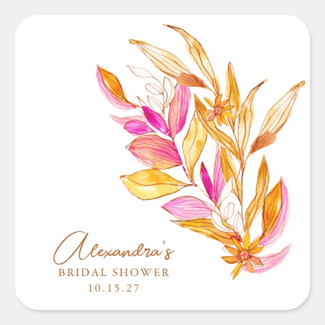 Boho Watercolor Botanical Pink Gold Bridal Shower Square Sticker (Front)