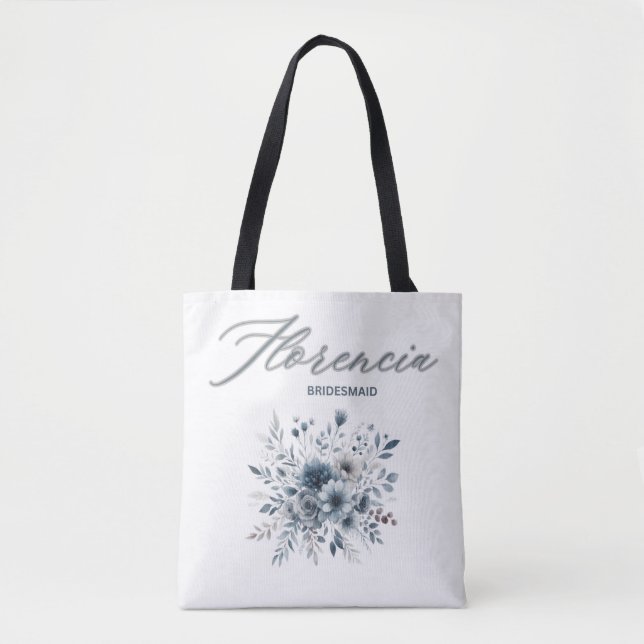  Boho Watercolor Bridesmaid  Dusty Blue Floral Tote Bag (Front)