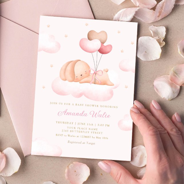 Boho Watercolor Bunny Balloon Girl Baby Shower  Invitation (Creator Uploaded)