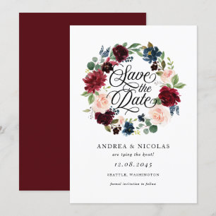 Boho Watercolor Burgundy and Blue Floral Wreath Save The Date