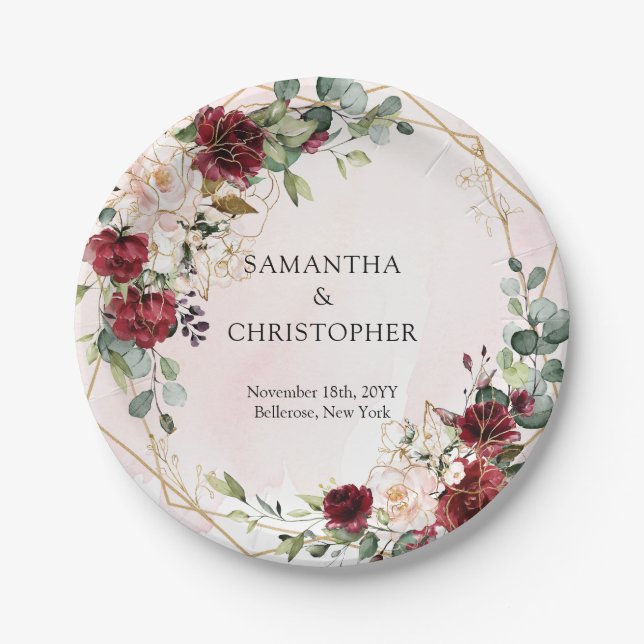 Boho Watercolor burgundy floral gold wedding Paper Plate (Front)