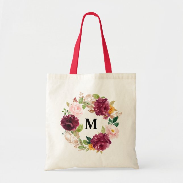 Boho Watercolor Burgundy Floral Wreath Monogram Tote Bag (Front)