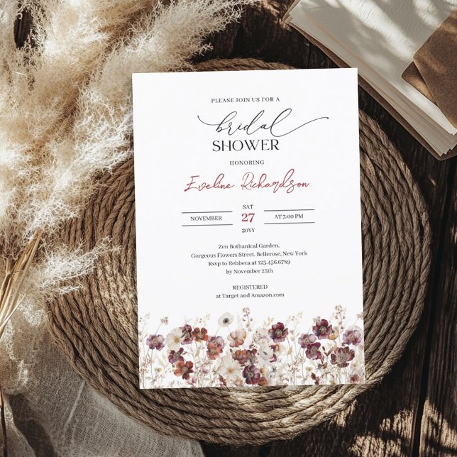Boho watercolor burgundy wildflowers bridal invitation (Boho watercolor burgundy wildflowers bridal invitation)