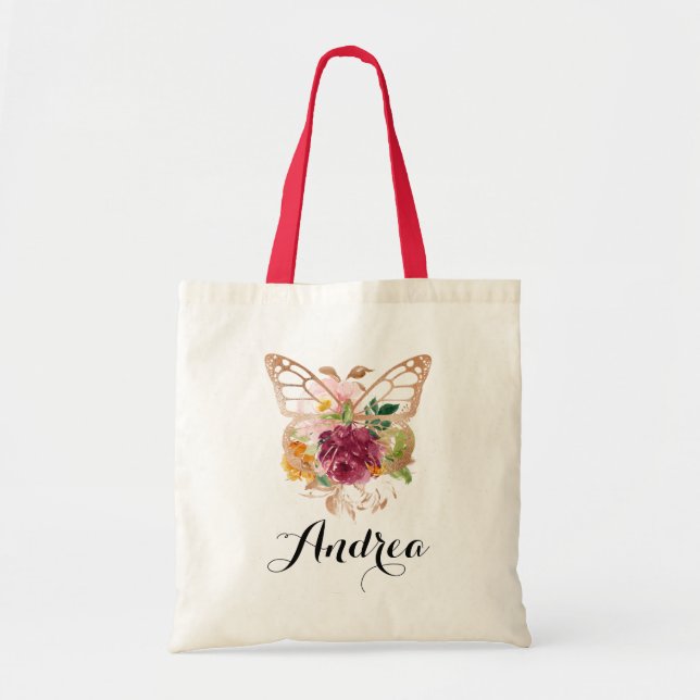 Boho Watercolor Butterfly and Flowers Bridesmaid Tote Bag (Front)