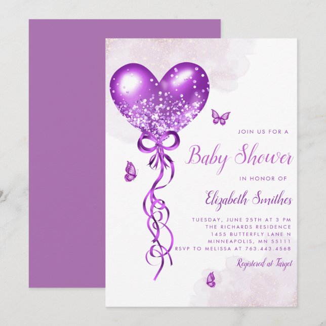 Boho Watercolor Butterfly Balloon Girl Baby Shower Invitation (Front/Back)