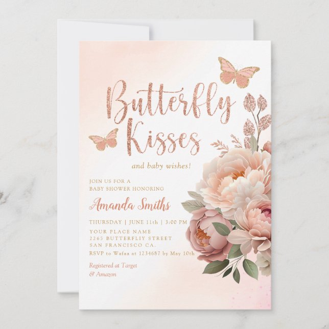 Boho Watercolor Butterfly Kisses Girl Baby Shower Invitation (Front)