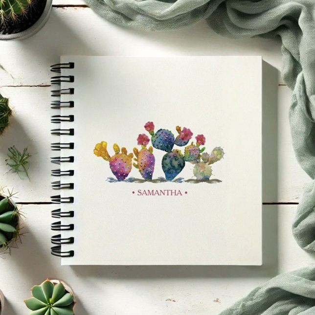 Boho Watercolor Cactus Personalised Journalling Notebook (Watercolor cactus notebook personalized with your name in pink. )