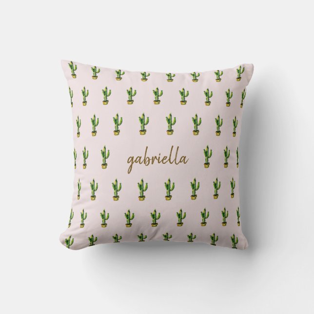 Boho Watercolor Cactus with Name Blush Cushion (Front)