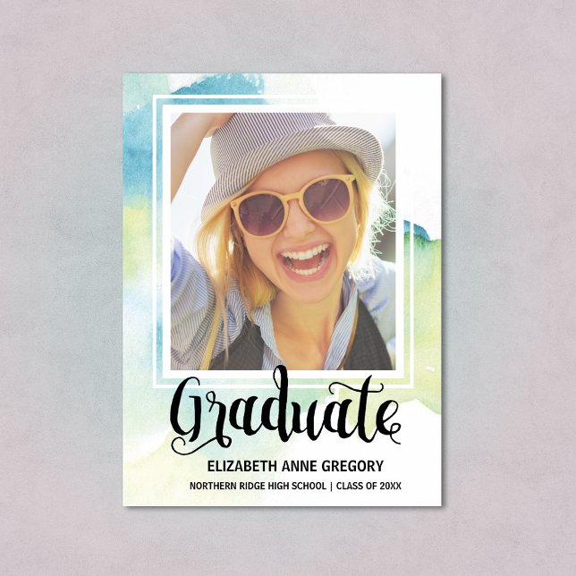Boho Watercolor Calligraphy Photo Graduation Invitation (Creator Uploaded)