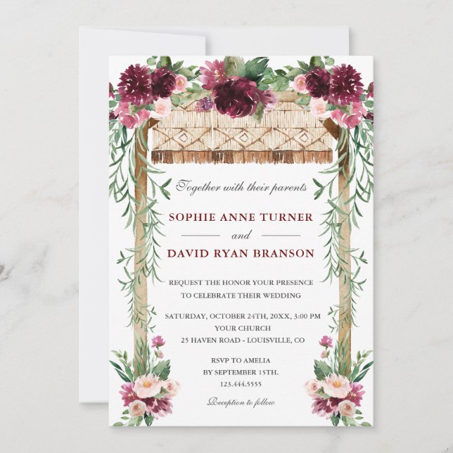 Boho Watercolor Canopy Burgundy Red Floral Wedding Invitation (Front)