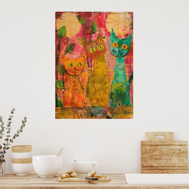 Boho Watercolor Cats – Earthy Feline Art (2) Poster (Kitchen)