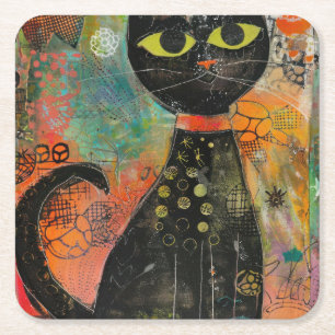 Boho Watercolor Cats – Earthy Feline Art (7) Square Paper Coaster