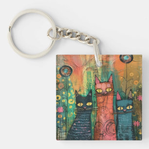 Boho Watercolor Cats – Earthy Feline Art Key Ring