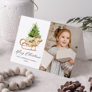 Boho Watercolor Christmas Sleigh 2 Photo Holiday Card