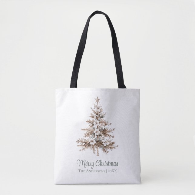 Boho Watercolor Christmas Tree Family Name Tote Bag (Front)