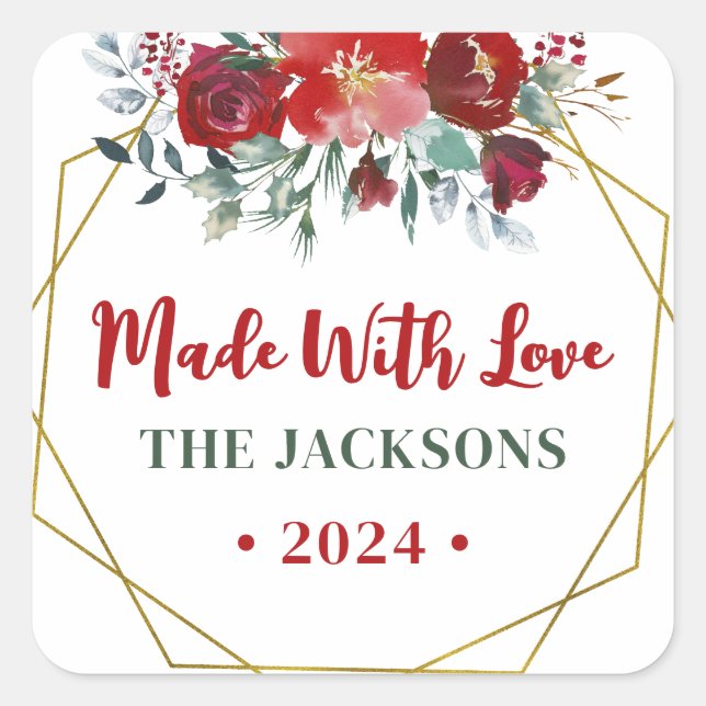 Boho Watercolor Christmas Wreath Family Name Square Sticker (Front)