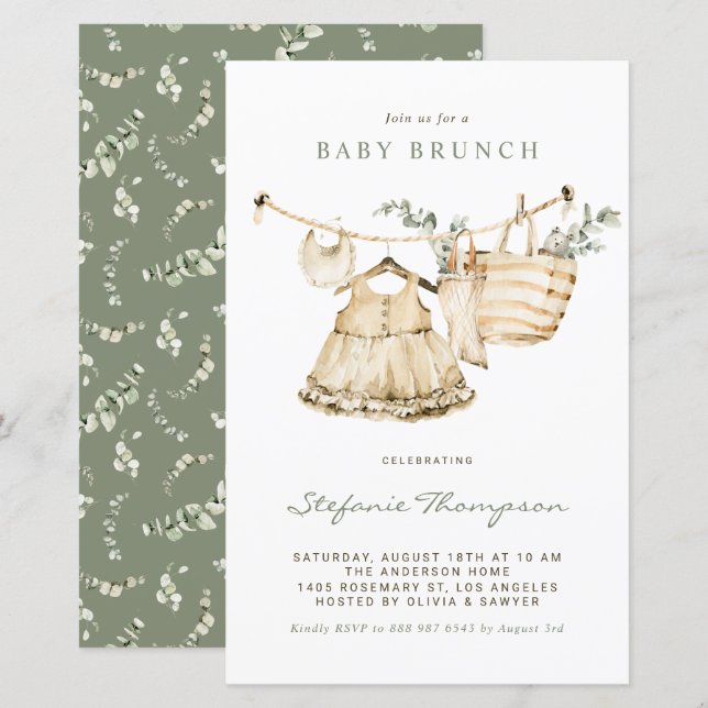 Boho Watercolor Clothesline Baby Brunch Invite (Front/Back)