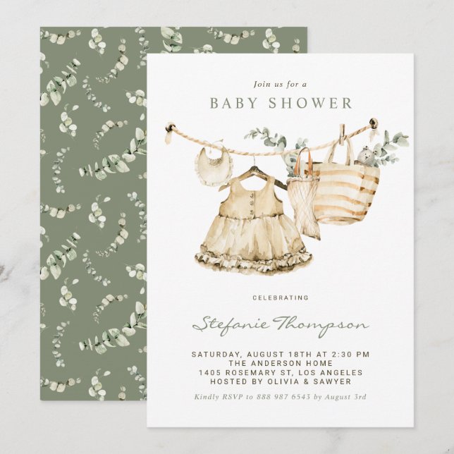 Boho Watercolor Clothesline Baby Shower Invitation (Front/Back)