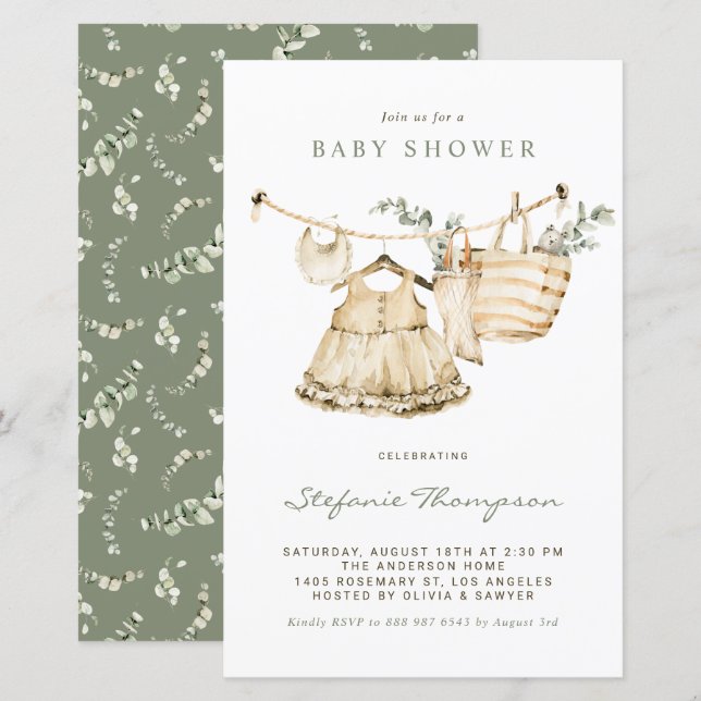 Boho Watercolor Clothesline Girl Baby Shower (Front/Back)