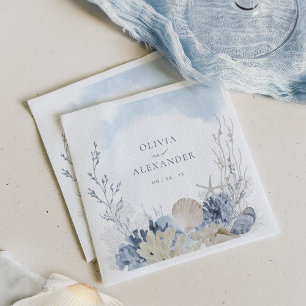 Boho Watercolor Coral Shells Beach Wedding Napkin