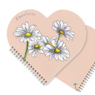 Boho Watercolor Daisy Peach Heart Christmas Gift Notebook