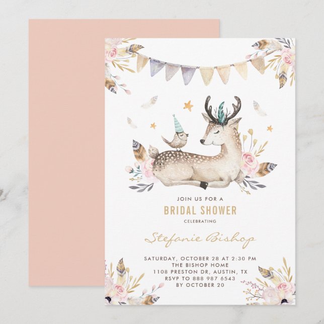 Boho Watercolor Deer Woodland Bridal Shower Invitation (Front/Back)