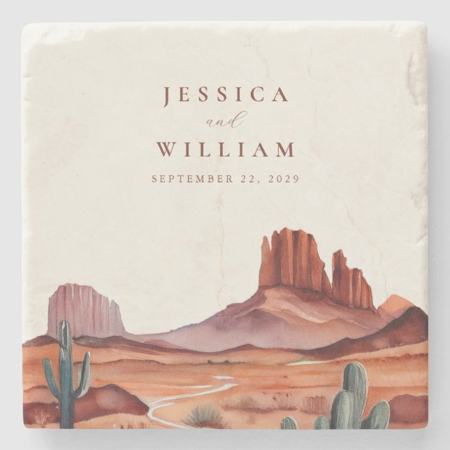 Boho Watercolor Desert Wedding Stone Coaster (Front)