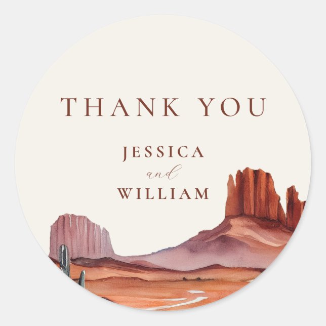 Boho Watercolor Desert Wedding Thank You Classic Round Sticker (Front)