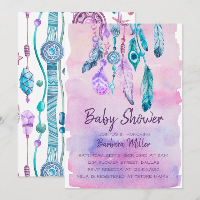 Boho Watercolor Dreamcatcher baby shower Invitation (Front/Back)