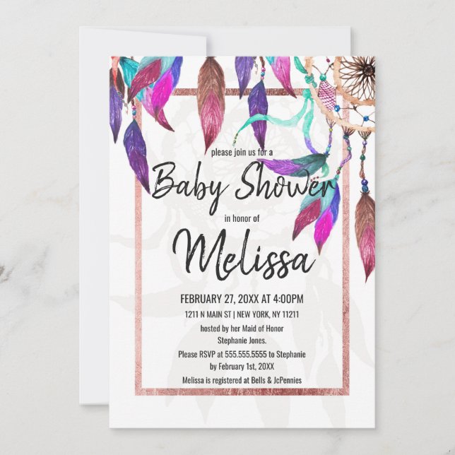 Boho Watercolor Dreamcatcher Rose Gold Baby Shower Invitation (Front)