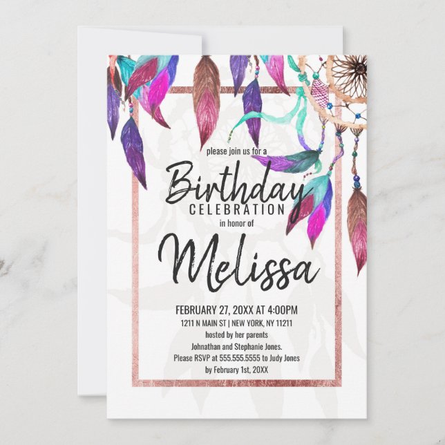 Boho Watercolor Dreamcatcher Rose Gold Birthday Invitation (Front)
