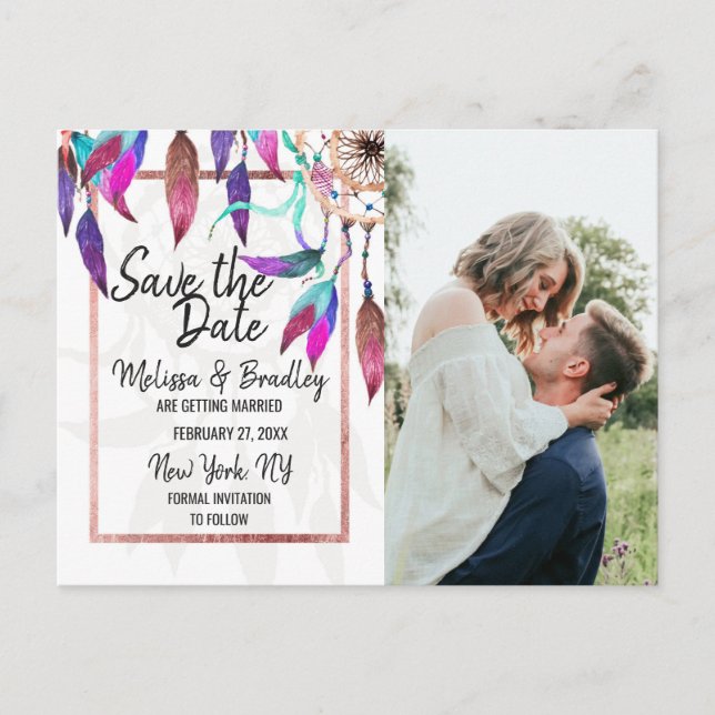 Boho Watercolor Dreamcatcher Rose Gold Save Dates Announcement Postcard (Front)