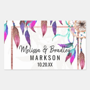 Boho Watercolor Dreamcatcher Rose Gold Wedding Rectangular Sticker