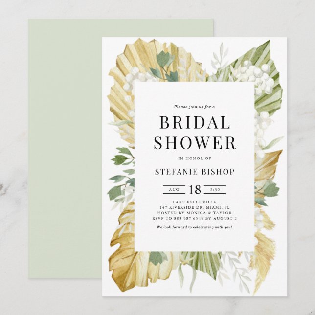 Boho Watercolor Dried Palm Leaves Bridal Shower Invitation (Front/Back)