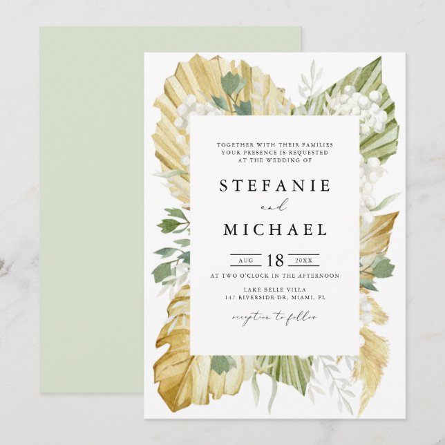 Boho Watercolor Dried Palm Leaves Summer Wedding Invitation (Front/Back)