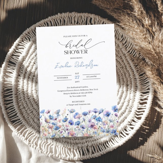 Boho watercolor dusty blue and  purple wildflowers invitation (Boho watercolor dusty blue and purple wildflowers invitation)